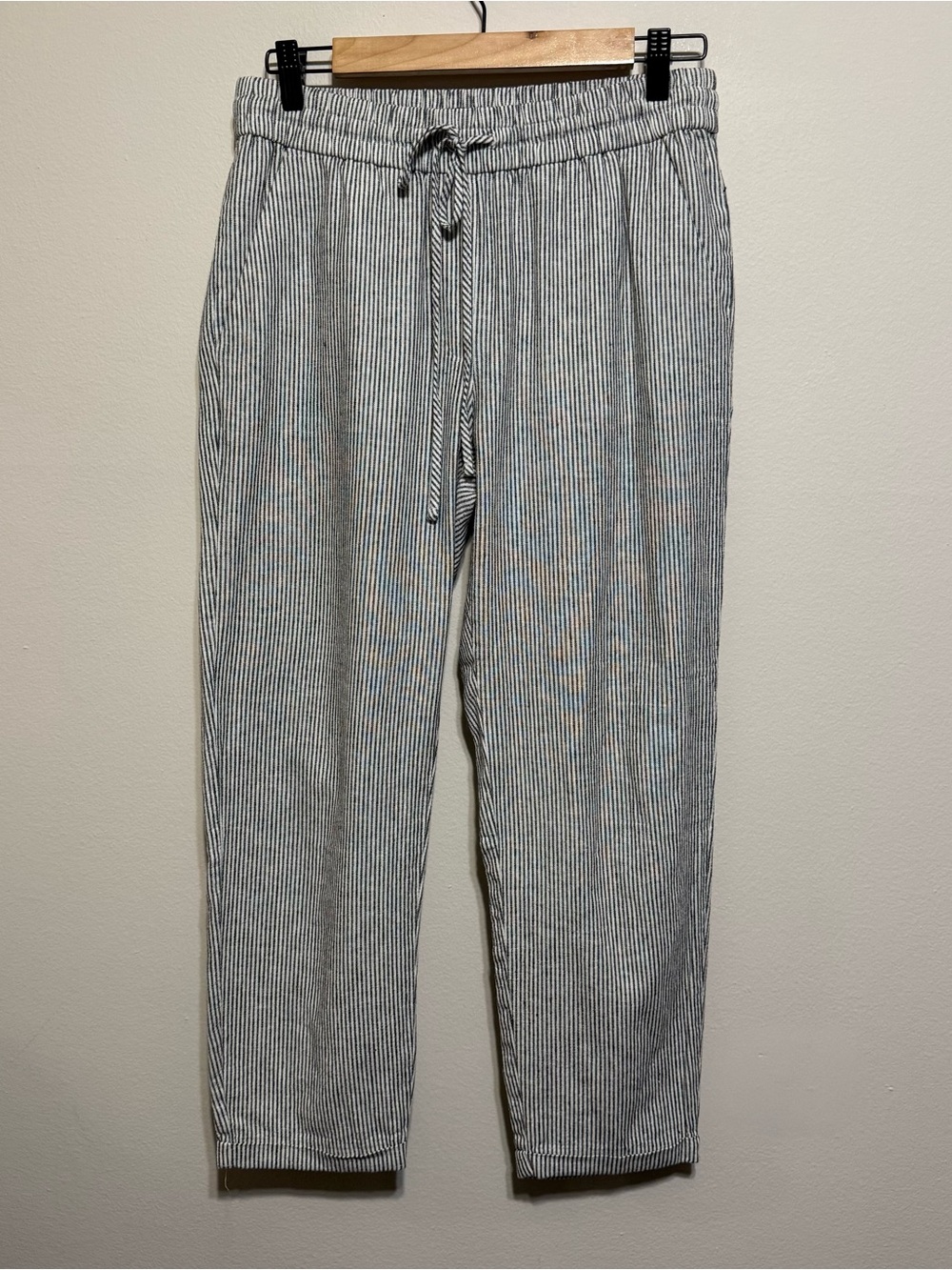 J. crew Cotton Linen Blue White Stripe Pull On Cuffed Pants Tie Front Women 6